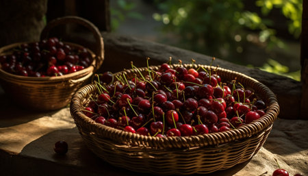 Organic berry bowl, ripe and juicy, a refreshing summer snack generated by artificial intelligenceの素材