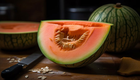 Juicy slices of ripe melon, a refreshing summer snack generated by artificial intelligenceの素材