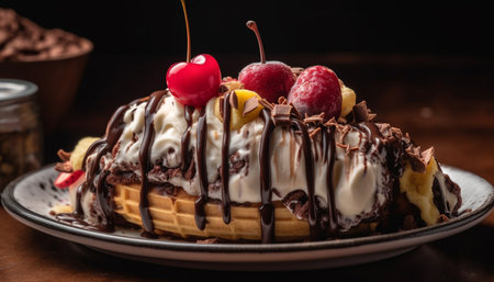 Indulgent homemade dessert chocolate berry pie with whipped cream icing generated by artificial intelligenceの素材