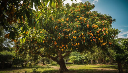 Fresh citrus fruit on a green branch in a vibrant orchard generated by artificial intelligenceの素材