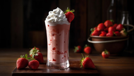 Fresh berry smoothie on rustic table, a healthy summer snack generated by artificial intelligenceの素材