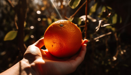Hand holding ripe orange, symbolizing healthy eating and freshness generated by artificial intelligenceの素材