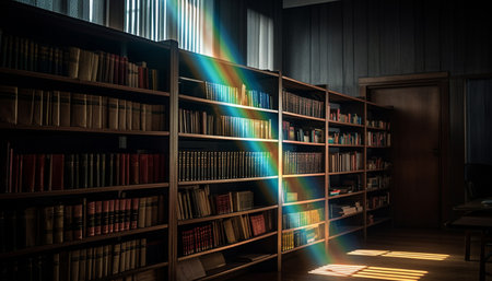 Large collection of illuminated books on wooden bookshelf for studying generated by artificial intelligenceの素材