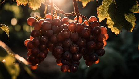 Ripe grape bunches hang on vineyard branch in autumn sunlight generated by artificial intelligenceの素材
