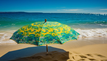 Tropical climate, turquoise water, yellow sun, and sandy beaches generated by artificial intelligenceの素材