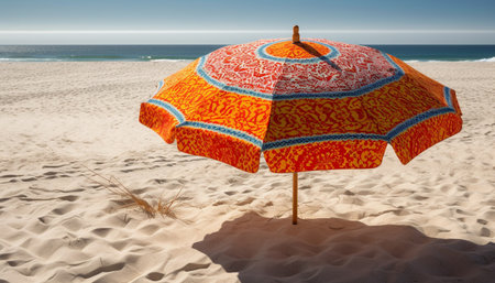 Idyllic tropical coastline, clear blue water, yellow sand dunes, relaxation generated by artificial intelligenceの素材