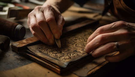 Craftsperson using hand tools to carve an antique wooden plank generated by artificial intelligenceの素材