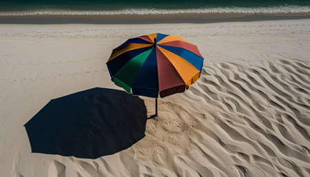 Yellow beach umbrella shades relaxation on idyllic sandy coastline generated by artificial intelligenceの素材