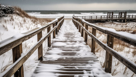 Tranquil winter landscape snow covered wood, frozen water, and icy fence generated by artificial intelligenceの素材
