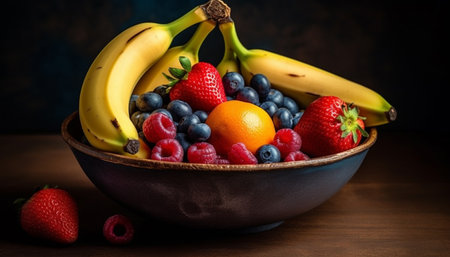 Fresh fruit bowl with ripe berries, yogurt, and leafy greens generated by artificial intelligenceの素材