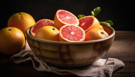 Fresh organic citrus fruit bowl on rustic wooden table napkin generated by artificial intelligenceの素材