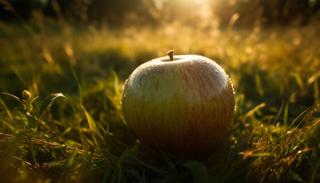 Ripe green apple on grass, symbol of freshness and healthy eating generated by artificial intelligenceの素材