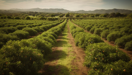 Ripe grapes on vineyard rows, beauty in nature winemaking generated by artificial intelligenceの素材