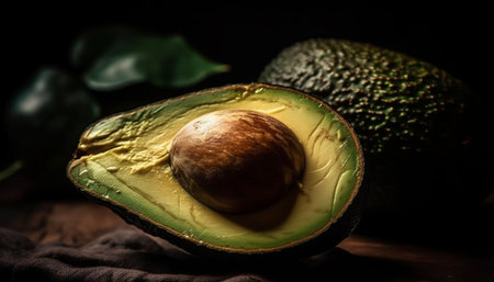 Ripe avocado slice, a healthy vegetarian snack with tropical freshness generated by artificial intelligenceの素材
