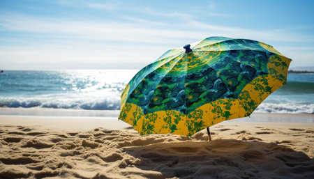 A bright yellow umbrella on a blue coastline, surrounded by waves generated by artificial intelligenceの素材