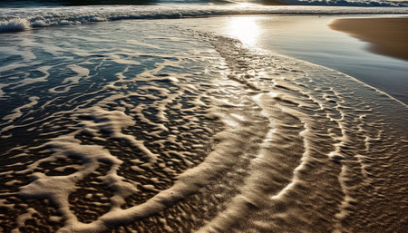 Tranquil seascape, rippled wave pattern, yellow sunset, tropical climate beauty generated by artificial intelligenceの素材