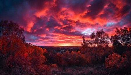 Vibrant colors of autumn illuminate tranquil rural landscape at dawn generated by artificial intelligenceの素材