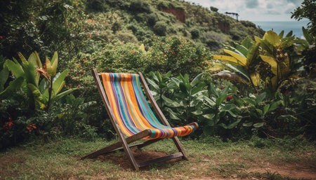 Tranquil scene of relaxation on a tropical coastline meadow generated by artificial intelligenceの素材