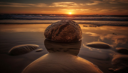 Tranquil sunset over water, reflecting beauty in nature landscape generated by artificial intelligenceの素材