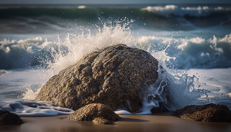 Idyllic tropical coastline, waves crashing, spray spraying, relaxation at waters edge generated by artificial intelligenceの素材