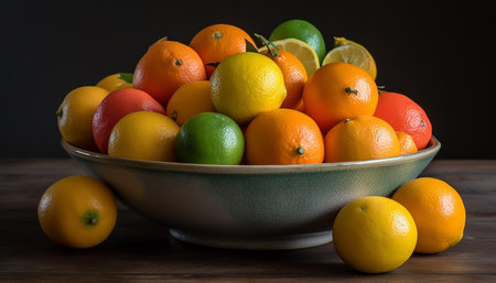 Vibrant fruit bowl showcases healthy, organic, and juicy citrus variations generated by artificial intelligenceの素材