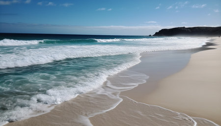 Tranquil seascape blue waves crash on sandy coastline, idyllic beauty generated by artificial intelligenceの素材