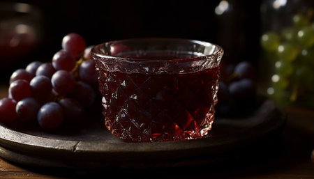 A rustic winery table with fresh organic grape wine glasses generated by artificial intelligenceの素材
