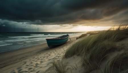 Tranquil seascape nautical vessel on waters edge, sunset reflection generated by artificial intelligenceの素材
