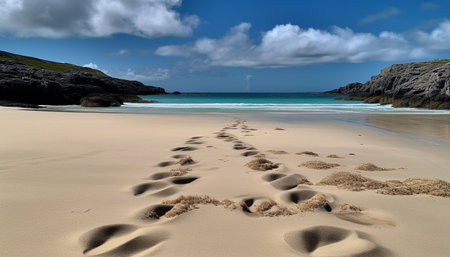 Tranquil scene of a remote coastline, with blue waters and waves generated by artificial intelligenceの素材