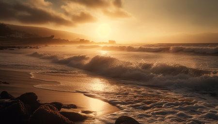 Tranquil sunset over the wet waters edge, breaking wave pattern generated by artificial intelligenceの素材