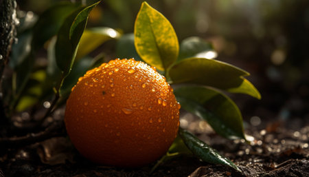 Ripe citrus fruit drops with freshness in wet springtime nature generated by artificial intelligenceの素材