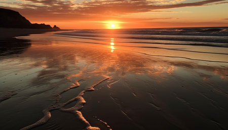 Golden horizon over tranquil waters, a romantic summer getaway destination generated by artificial intelligenceの素材