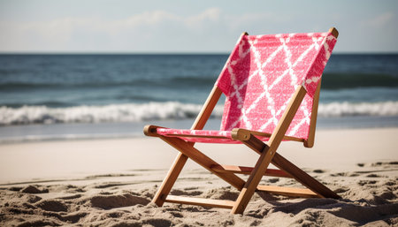 Sun kissed deck chair on tranquil coastline, perfect for relaxation generated by artificial intelligenceの素材