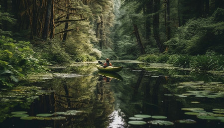 One person paddling canoe in tranquil forest pond reflection generated by artificial intelligenceの素材