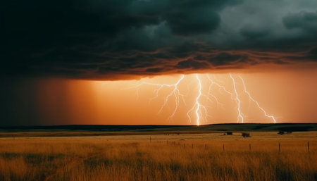 Electricity sparks as storm clouds loom over majestic mountain landscape generated by artificial intelligenceの素材