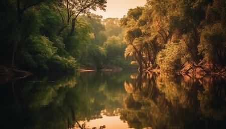Tranquil scene of a forest pond reflects the natural beauty generated by artificial intelligenceの素材