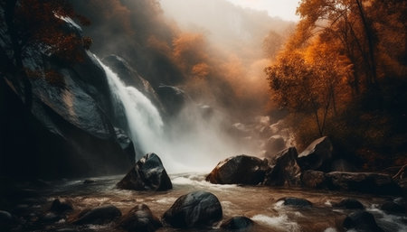 Tranquil scene of a mountain ravine with flowing water and foliage generated by artificial intelligenceの素材