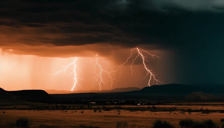 Electricity crackles through the stormy night sky, fueling nature power generated by artificial intelligenceの素材