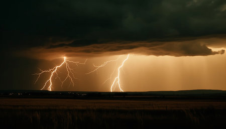 Dramatic sky electrifies rural scene with forked lightning and thunderstorm generated by artificial intelligenceの素材