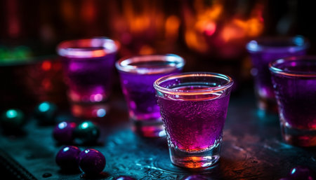 Colorful cocktails on bar counter illuminate summer nightlife celebration generated by artificial intelligenceの素材