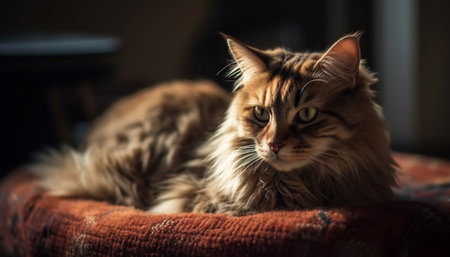 Charming purebred kitten resting on soft sofa, staring playfully at camera generated by artificial intelligenceの素材