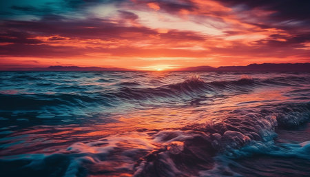 Tranquil seascape sunset over water, dramatic sky, multi colored horizon generated by artificial intelligenceの素材