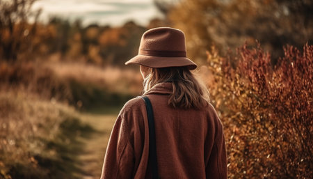 Caucasian male hiking in tranquil forest, enjoying autumn solitude generated by artificial intelligenceの素材