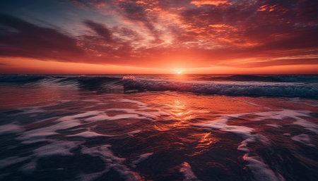 Tranquil sunset over idyllic coastline, reflecting multi colored heaven generated by artificial intelligenceの素材