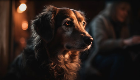 Cute purebred retriever puppy sitting outdoors, looking at camera with loyalty generated by artificial intelligenceの素材