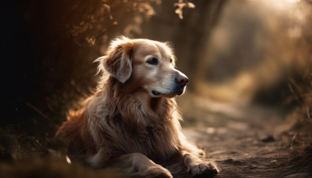 Golden retriever puppy sitting in grass, looking at nature beauty generated by artificial intelligenceの素材