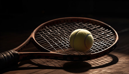 Tennis ball on racket, close up, selective focus, yellow sphere hitting generated by artificial intelligenceの素材