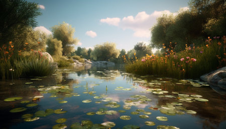 Tranquil scene of a rural pond reflecting the beauty of nature generated by artificial intelligenceの素材