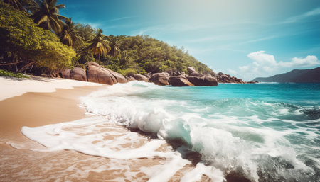 Tropical climate, turquoise waters, palm trees, and sandy beaches beckon generated by artificial intelligenceの素材