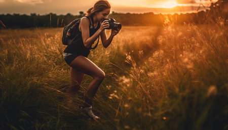 Young adult female photographer capturing beauty in nature at dawn generated by artificial intelligenceの素材